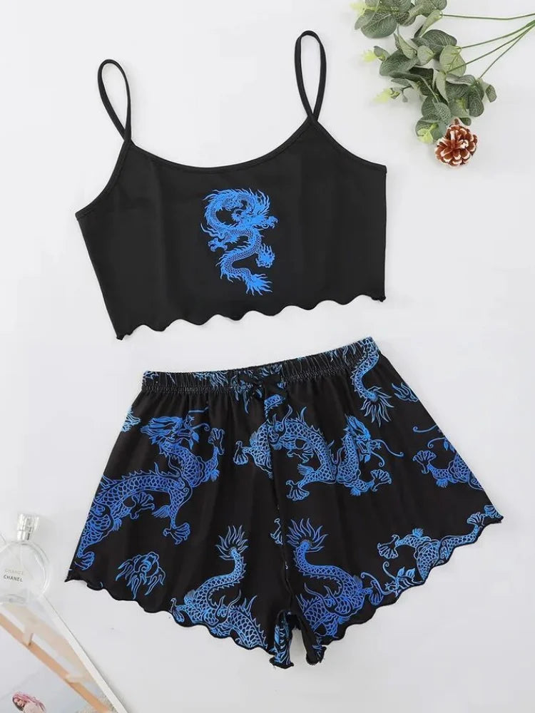 Summer Pajamas Set for Women Nightwear Sexy Dragon Printed Vest Halter Top Shorts Suit Homewear Sleepwear Loungewear