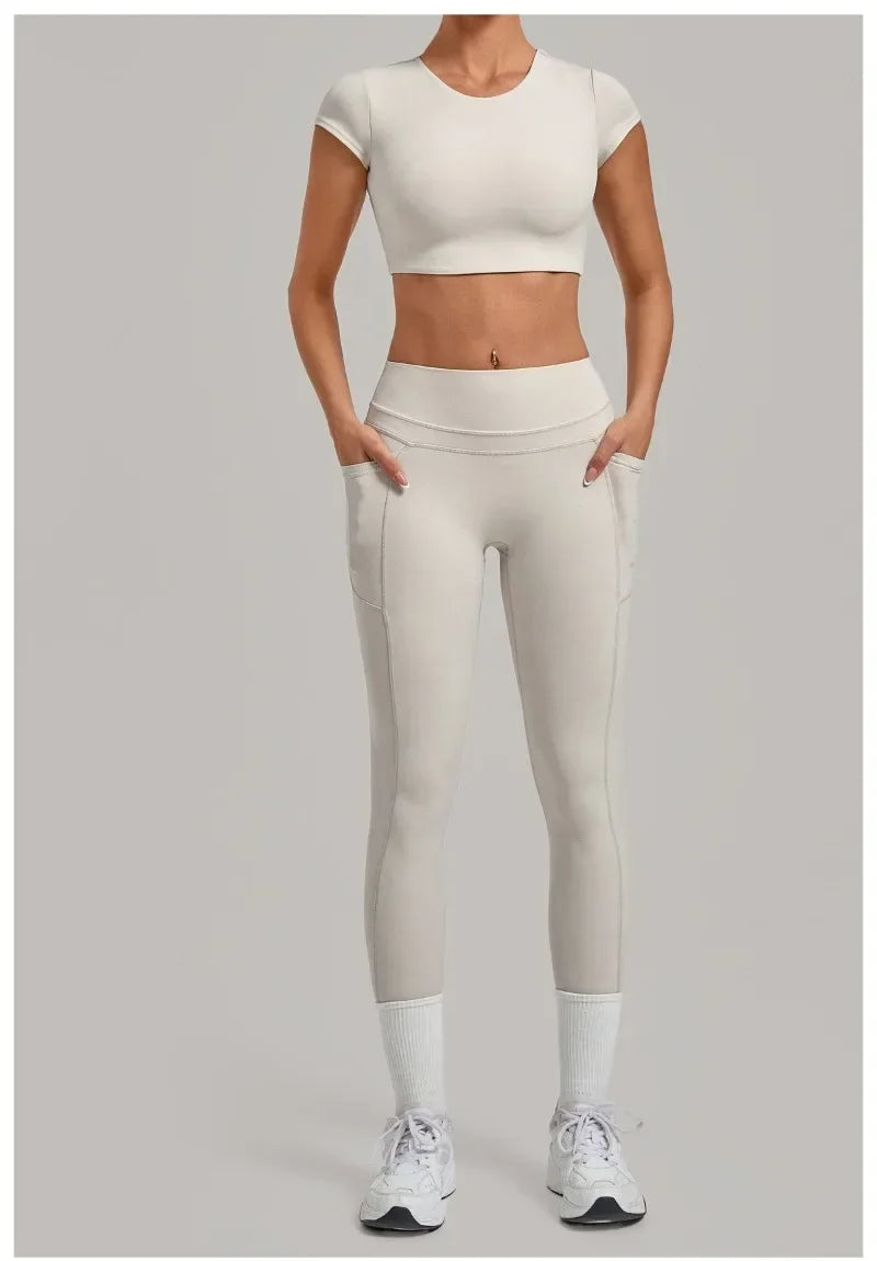 Women's Seamless Yoga Sets Sports Running High Waist Hip-lifting Pants Backless Short-sleeve Suits Workout Fitness Leggings Sets