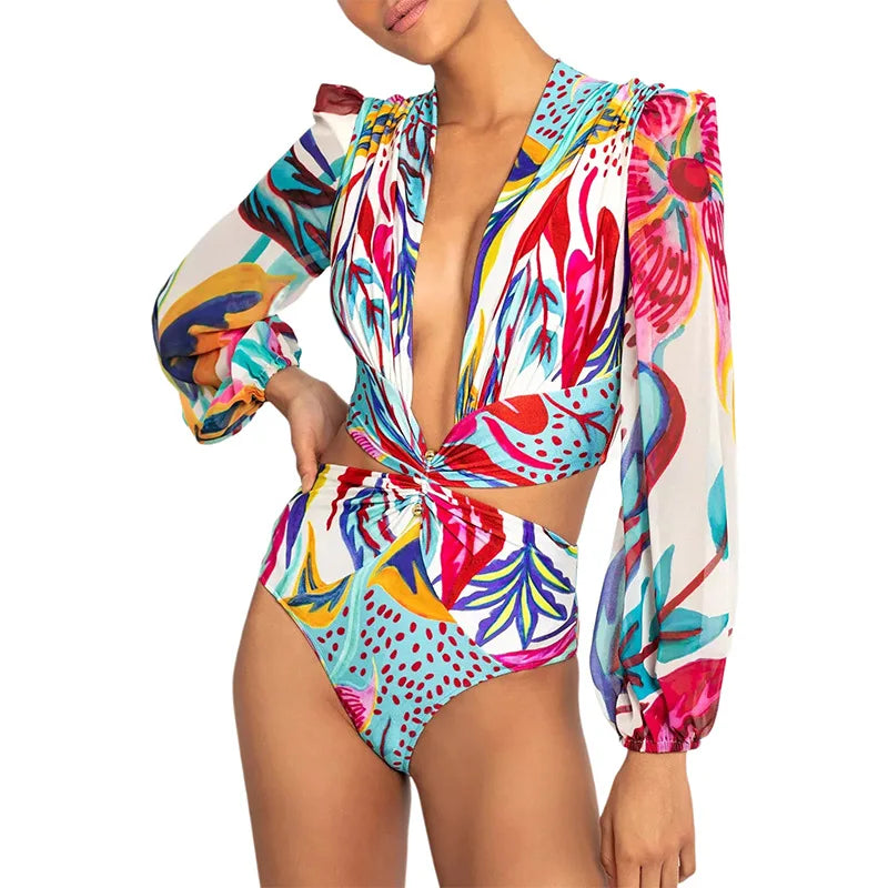 One Piece Swimsuit Sexy Long Sleeve Tropical Print Swimwear Women Bandage Monokini Hollow Out Bathing Suit String Beachwear 2023