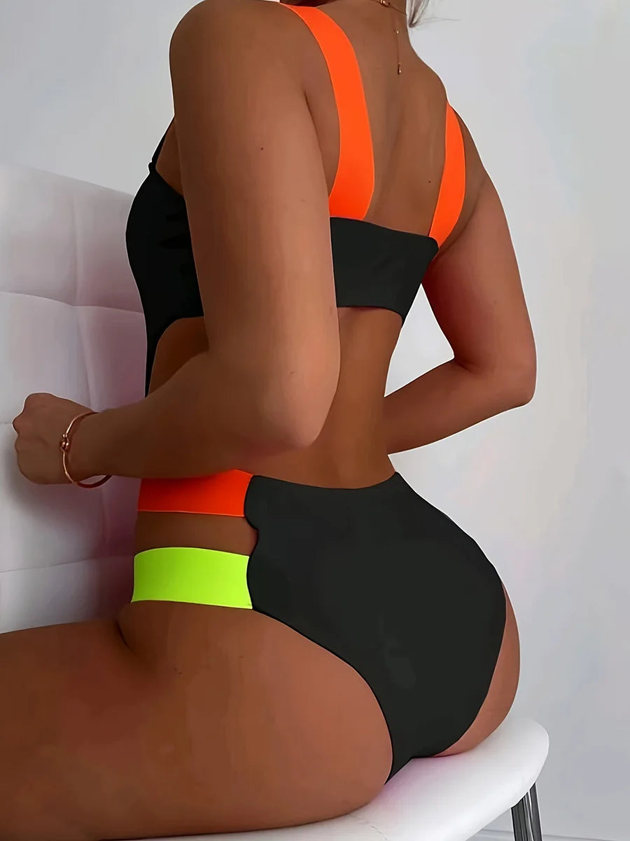 Splicing Black Contrast Women Swimwear One Piece Swimsuit Female Monokini High Cut Bather Backless Bathing Suit Swim Beachwear