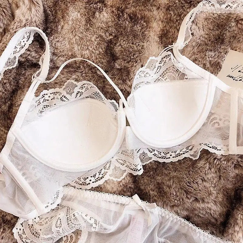 MOYISU Sexy French Lace Bralette Small Bust Cup Bra Set with Removable Straps & Push Up Pads, Soft Underwire Thin Girls Bra Top