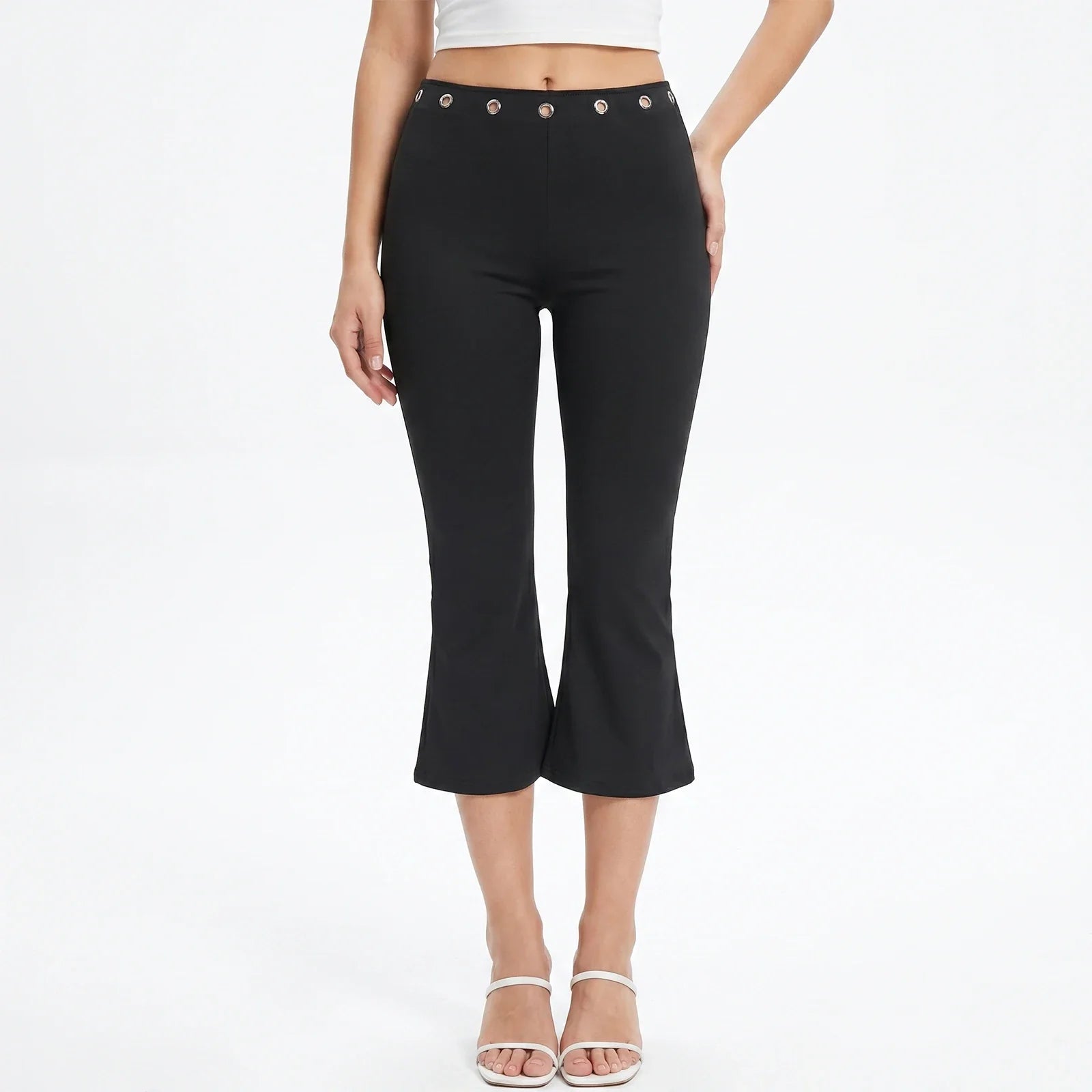 Womens Summer Cropped Pants Mid Rise Flare Trousers Stylish Casual Leg Pants with Silver Eyelet Capris