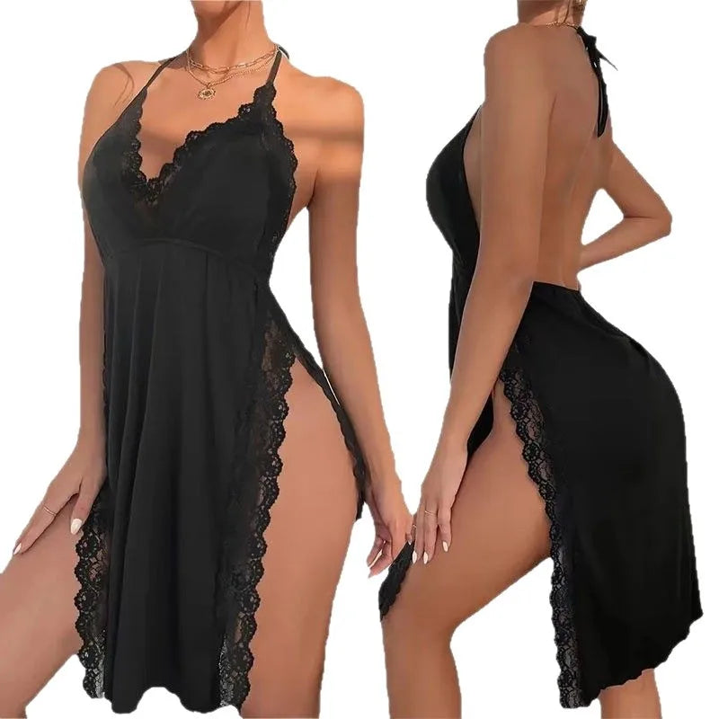 Sexy Leopard Print Backless Nightgown with Lace Trim, Deep V Halter Lingerie Dress for Women, Side Slit Soft Nightwear Sexy Chic