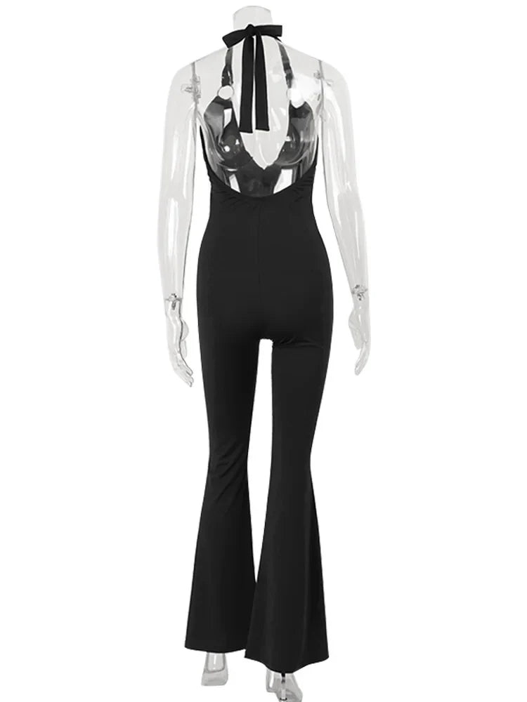 Ahagaga Sexy Women Jumpsuits Solid Halter Deep V-Neck Sheath Club Casual Streetwear Bandage High End Backless Sleeveless Rompers