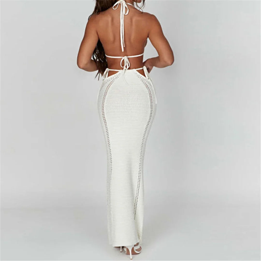 2PCS New Sexy With Top Halter Crochet Knitted Tunic Beach Cover Up Cover-ups Beach Dress Beach Wear Beachwear Female Women K4885