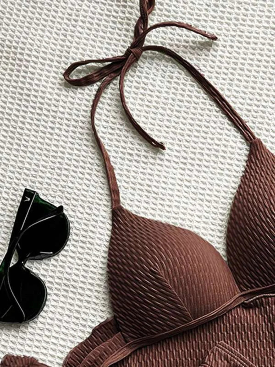 With Beach Sarong Bra Cup Wrinkled Bikini Female Swimsuit Women Swimwear Three-pieces Bikini Set Push Up Bathing Suit Swim Lady