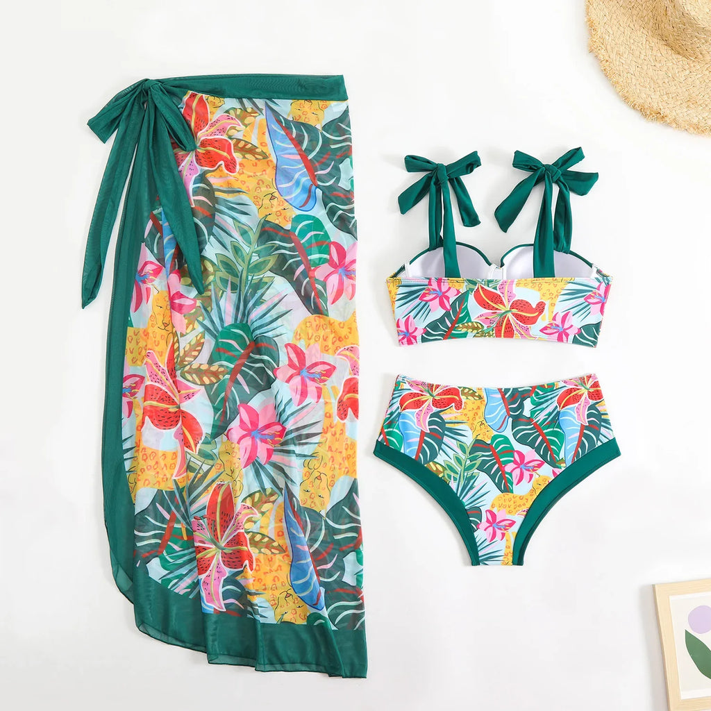 Vintage Green Leaves Print Bikini Set 2026 Women Tie Strap Push Up Underwire Long Skirt 3 Piece Swimsuit Bathing Suit Swimwear