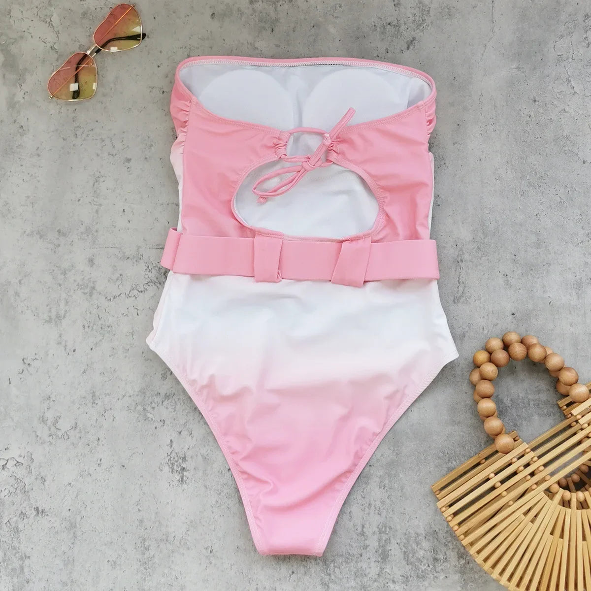 Vintage Pink Tie Dye Gradient Swimwear Women 2026 Bandeau Starfish Ornament Belt Tummy Control One Piece Swimsuit Monokini