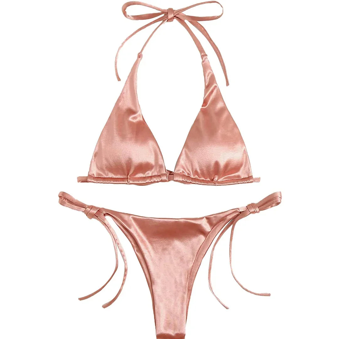 Sexy 13 Colors Halter Satin Brazilian Bikini Women Swimwear Female Swimsuit Two-pieces Bikini set Bather Bathing Suit Swim V4966