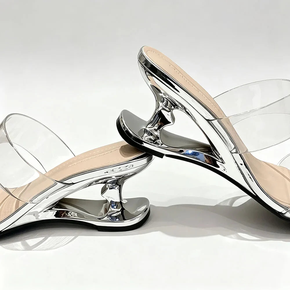 Y2K PVC Transparent Designer Sandals Women Shoes Slip On Hollow Wedge Slide Mules Beach Vacation 6cm Comfortable Walking Heels