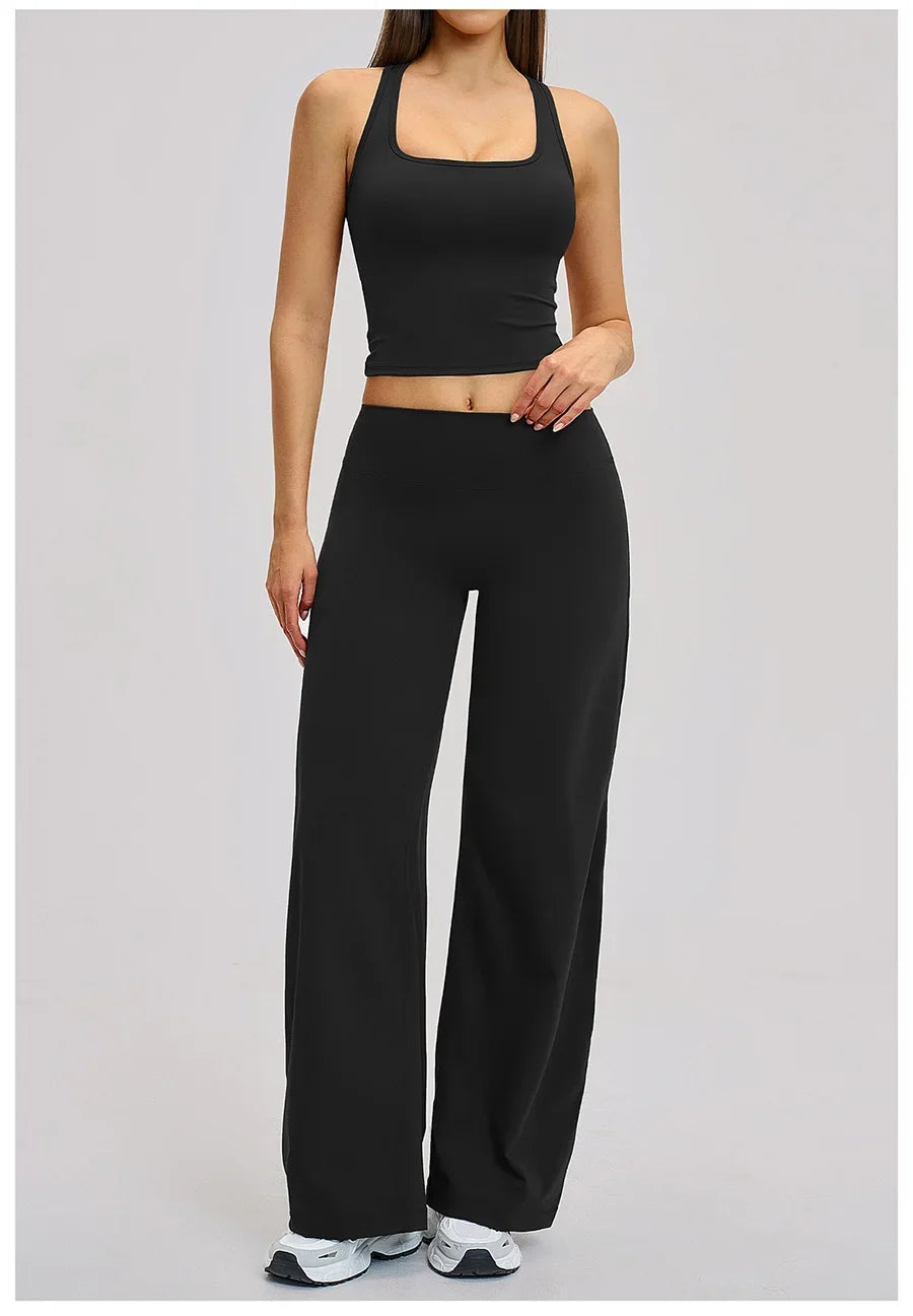 2 Piece Yoga Clothes Women Tracksuit Athletic Wear Pilates Fitness Suit Gym Workout Sets Push Up Sports Vest Wide Leg Pant Suit