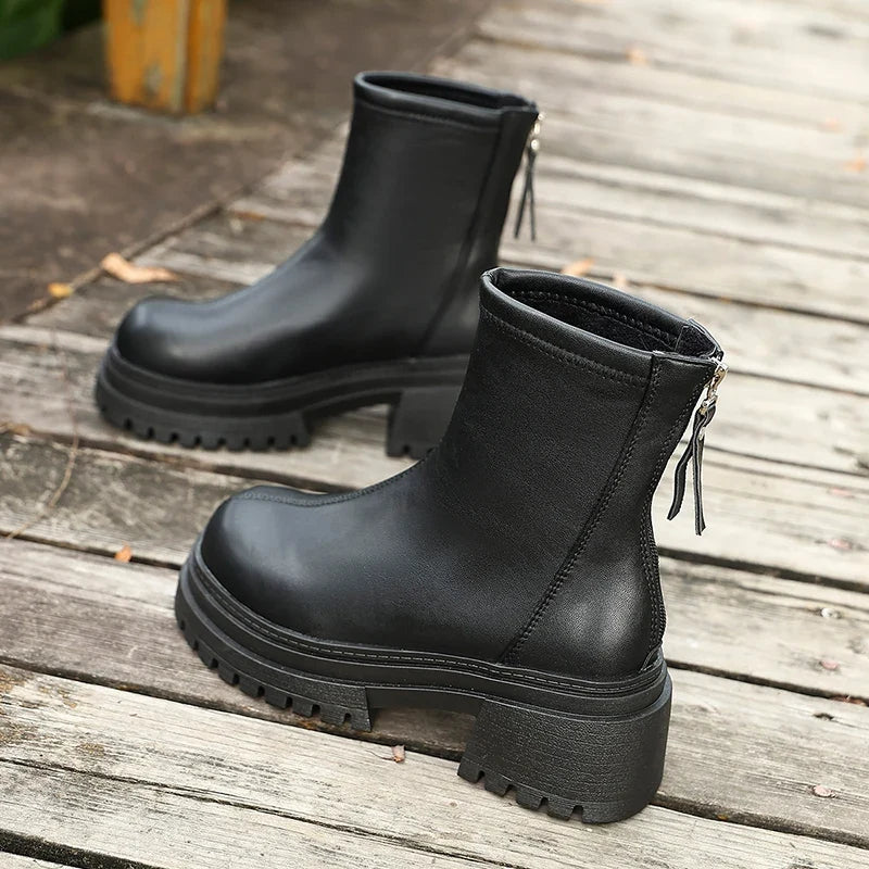 Pu Leather Black Ankle Boots Women Plus Size 42 Back Zipper Platform Boots Woman Streetwear Thick Sole Motorcycle Shoes Female