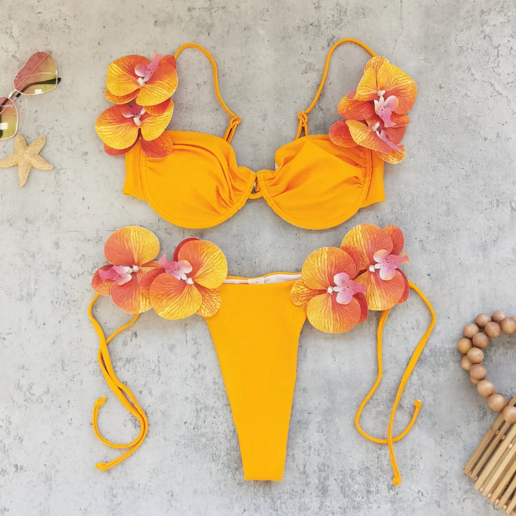 Flower Bikini With Skirt Set Sexy Women 3Pcs Swimsuit Push Up Swimwear Female Bandeau Biquini Bathing Suit Bodysuit Beachwear