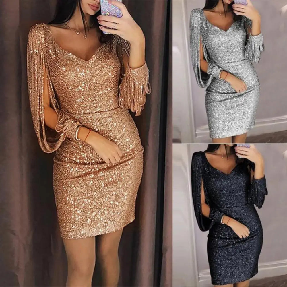 Bodycon Mini Dress Gown Mini Dress 2025 Party Dress Women Glitter V Neck Hollow Out Tassel Long Sleeve