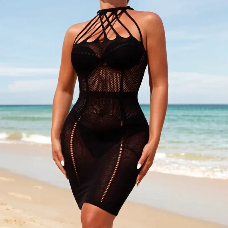 Fishnet Women Sexy Beach Cover Up Dress Women Stretch See Through Sleeveless without Bikini Swimsuit Coverup Mini Beachwea