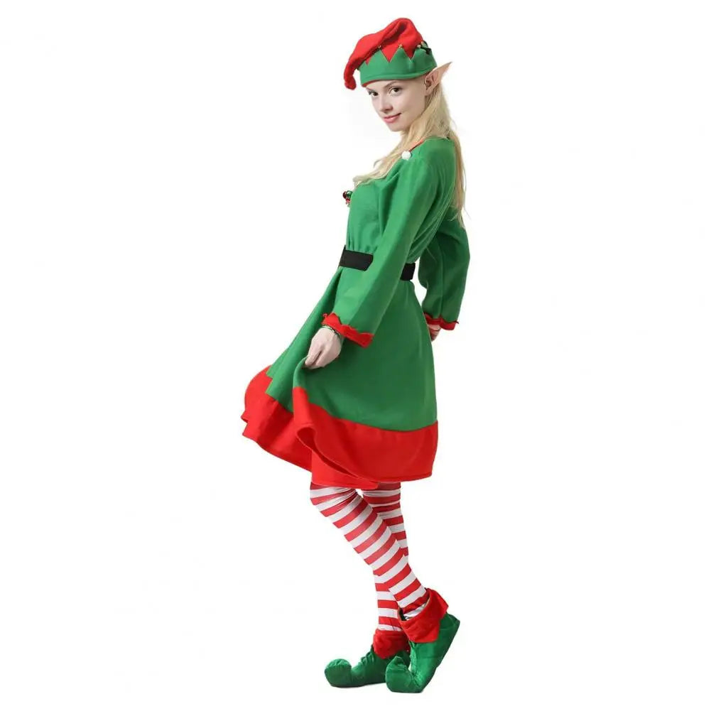 8 Pcs Women Christmas Elf Costume Set Green Xmas Dress Festive Outfit with Elf Ears Hat Shoes Belt Striped Socks