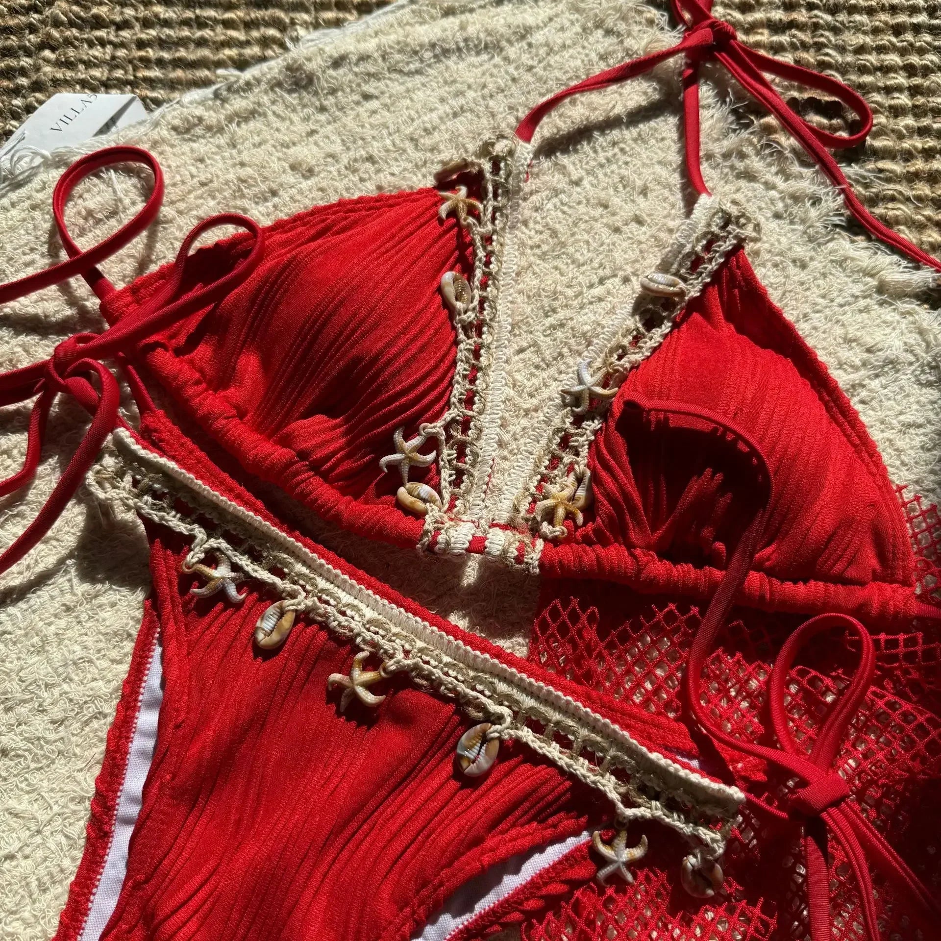 With Mesh Sarong Wrinkled Halter Shell Bikini Female Swimsuit Women Swimwear Three-pieces Bikini Set Bathing Suit Swim Beachwear