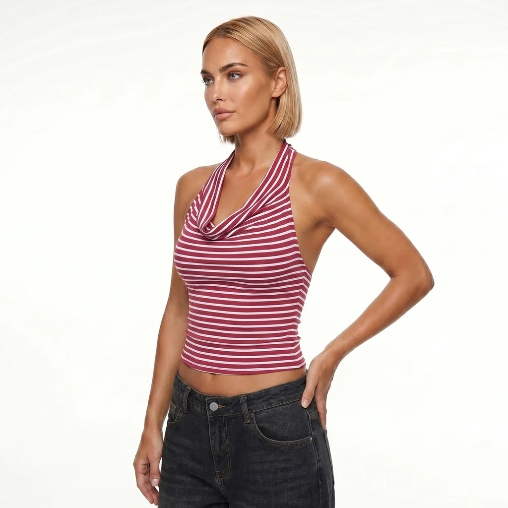 Women Striped Low Cut Tank Tops Slim Fit Cowl Neck Open Back Sleeveless Halter Crop Shirts Trendy Summer Streetwear