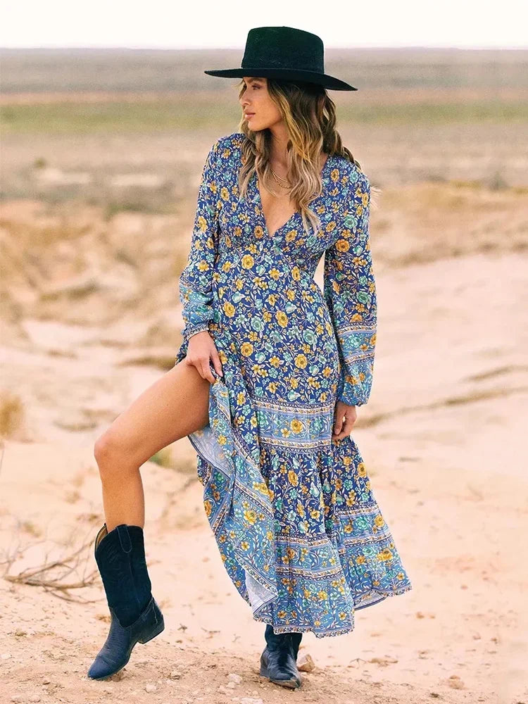 Foridol Bohemian Printed Floral Women Long Dress with Sleeve Spring Summer New in Midi Vestidos Casual Beach Boho Dress Women