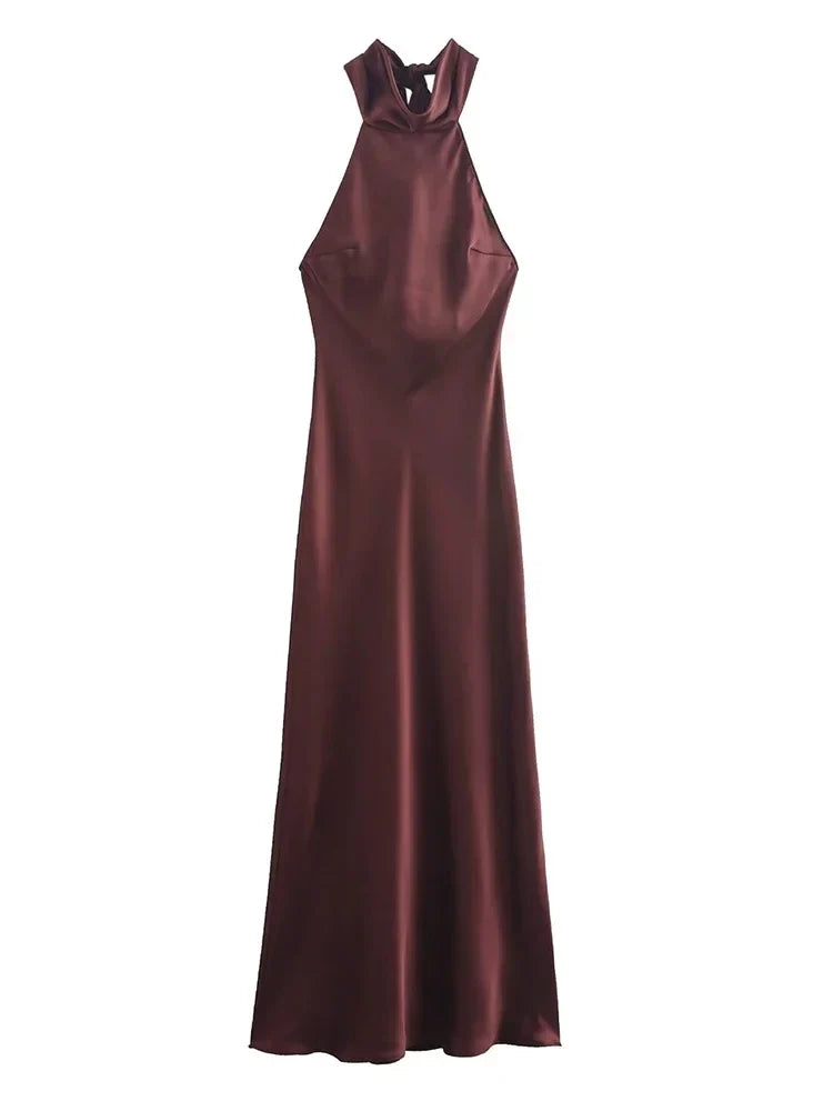 Foridol Halter Satin Dress Women Sexy Backless Burgundy summer spring Dress Elegant Maxi Long Party Dress Christmas Vestidos