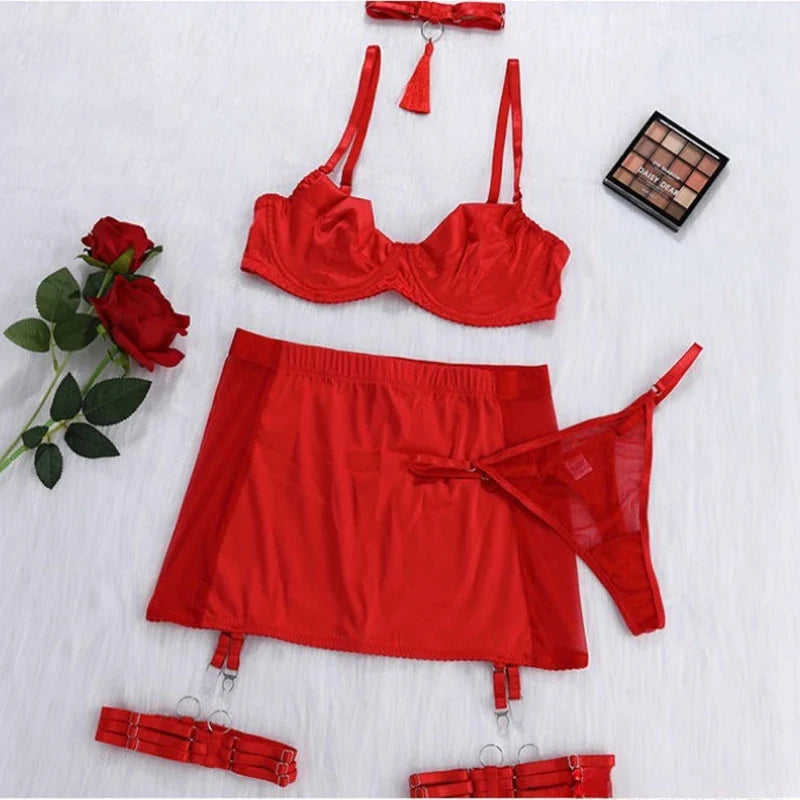 Toucheart Sexy Underwear Set Satin Spliced Mesh See-through Hip-covering Tassel Women's Solid Color 5-piece Sexy Lingerie Set