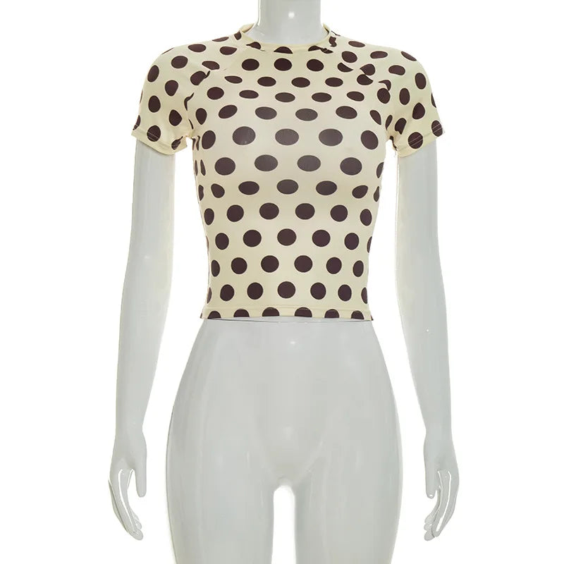 2026 Summer Women's Tops Round Neck Short Sexy Polka Dot T-Shirt Tops