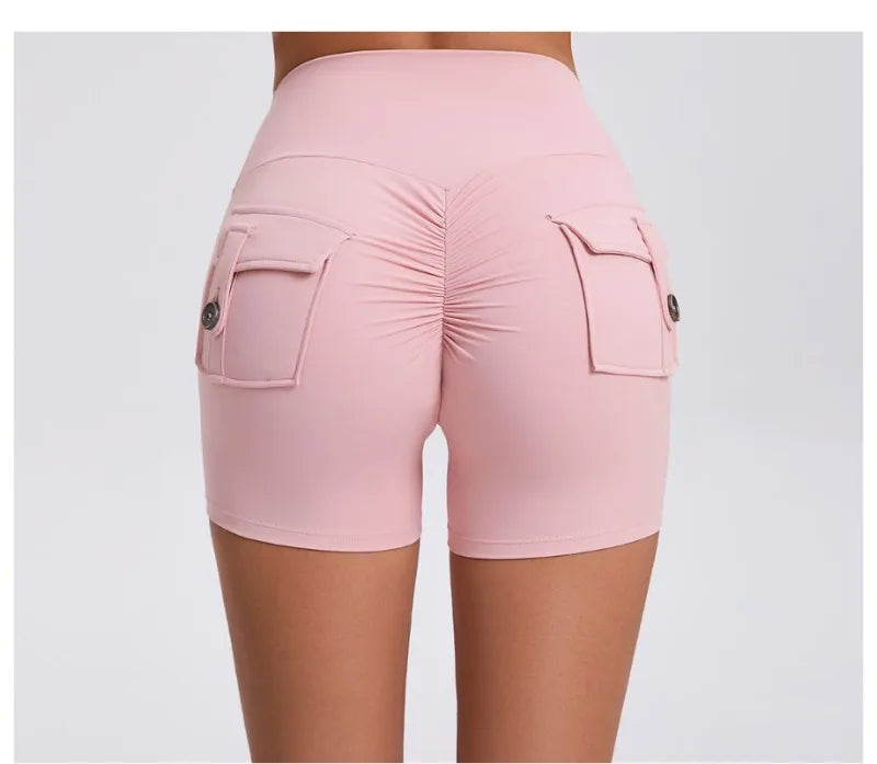 Women's Peach Lifting Yoga Shorts - High Waisted Stretchy Workout Shorts with Button Quick-Dry Tummy Control for Running Fitness