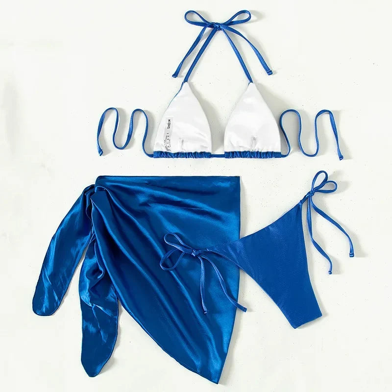 3pcs Halter with Skirt Sarong Satin Bikini Women Swimwear Female Swimsuit Three-pieces Bikini Set Micro Bather Bathing Suit Swim