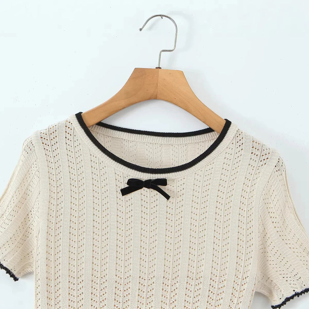Fashion Casual Knitted Shirt With Black Trim Bow Knit T Shirt Short Sleeve Hollow Out Crew Neck Top For Women Daily Outfit EMZE