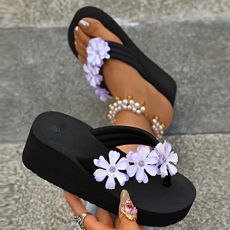 Flowers Decor Chunky Platform Flip Flops Women Plus Size 43 Lightweight Non Slip Beach Slippers Woman Clip Toe Wedges Sandals