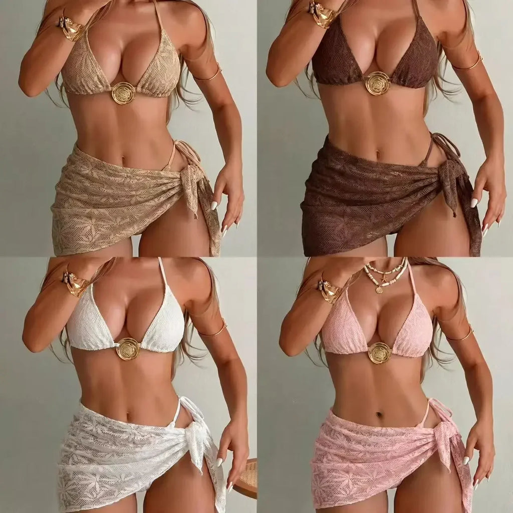 Sexy Mesh Cover Up 3 Piece Bikini Set 2026 Women White Metal Circle Push Up Bra Thong Swimwear Holiday Bathing Suit Swimsuit