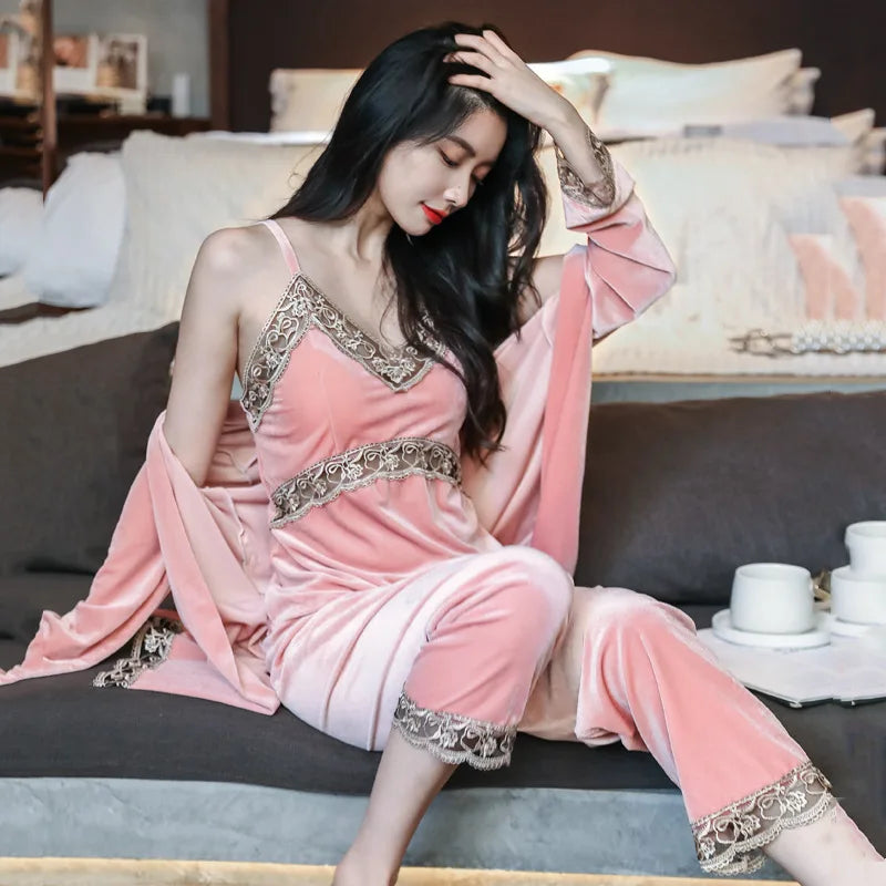 Women's Autumn Winter Golden Velvet Pajamas Set - Sexy Lace Suspender 3-Piece Loungewear with Breast Pads