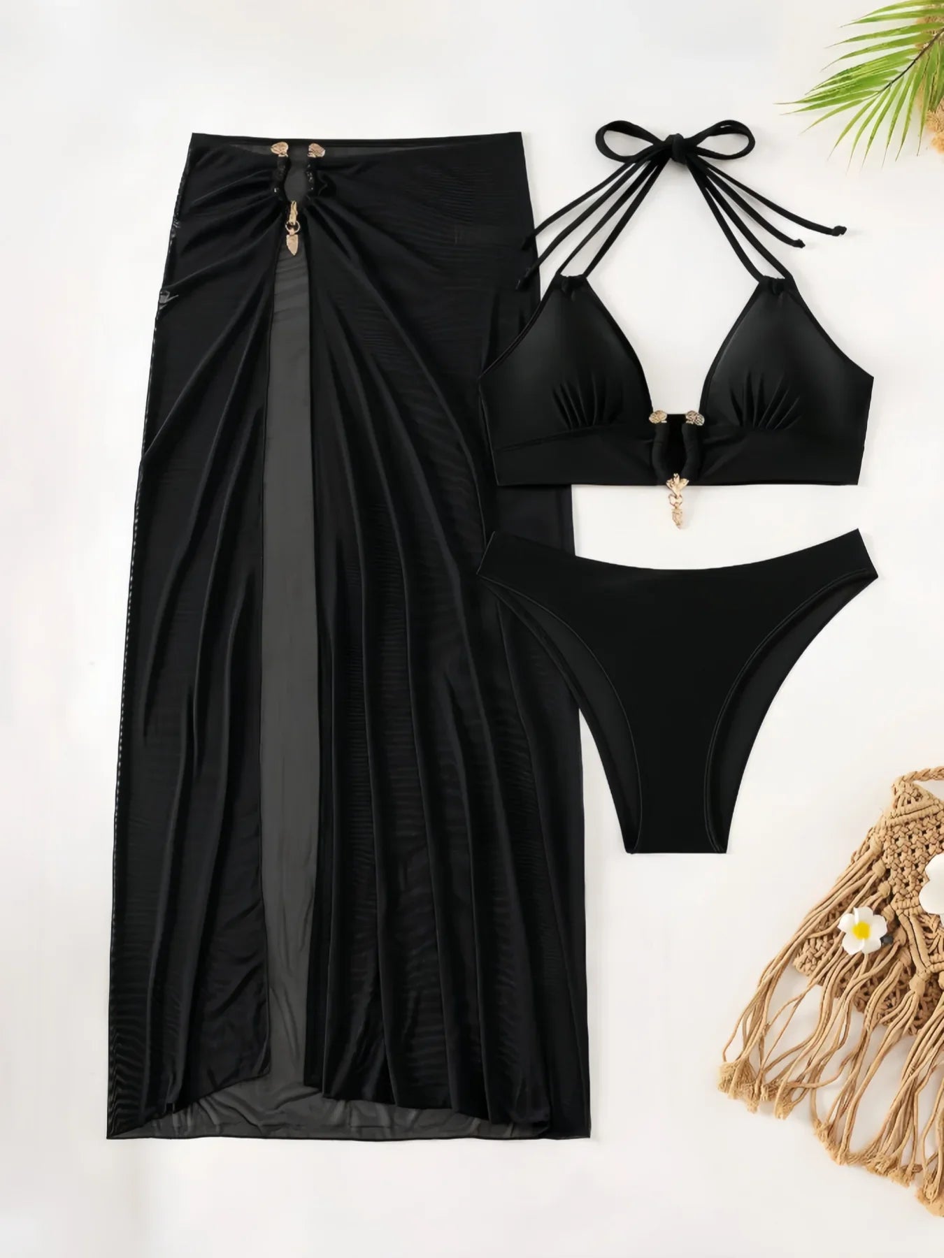 3 Pieces Halter Bikinis 2026 Solid Swimwear Female Sexy Swimsuit Women With Mesh Beach Dress Bathers Bathing Swimming Swim Suit