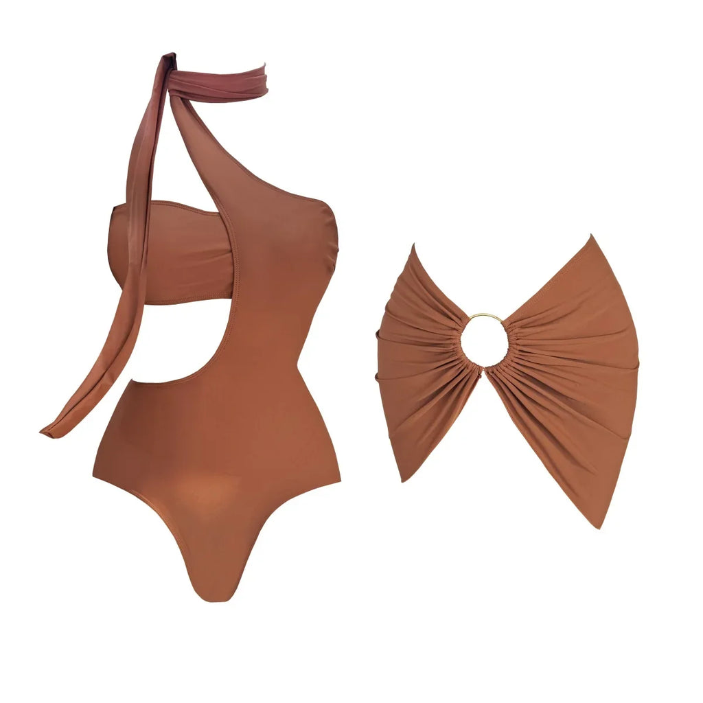 2Pcs Deep V Swimsuit With Long Skirt Women Sexy Swimwear Female Bikini Cut Out Biquini Swim Suit Shiny Button Bodysuit Beachwear