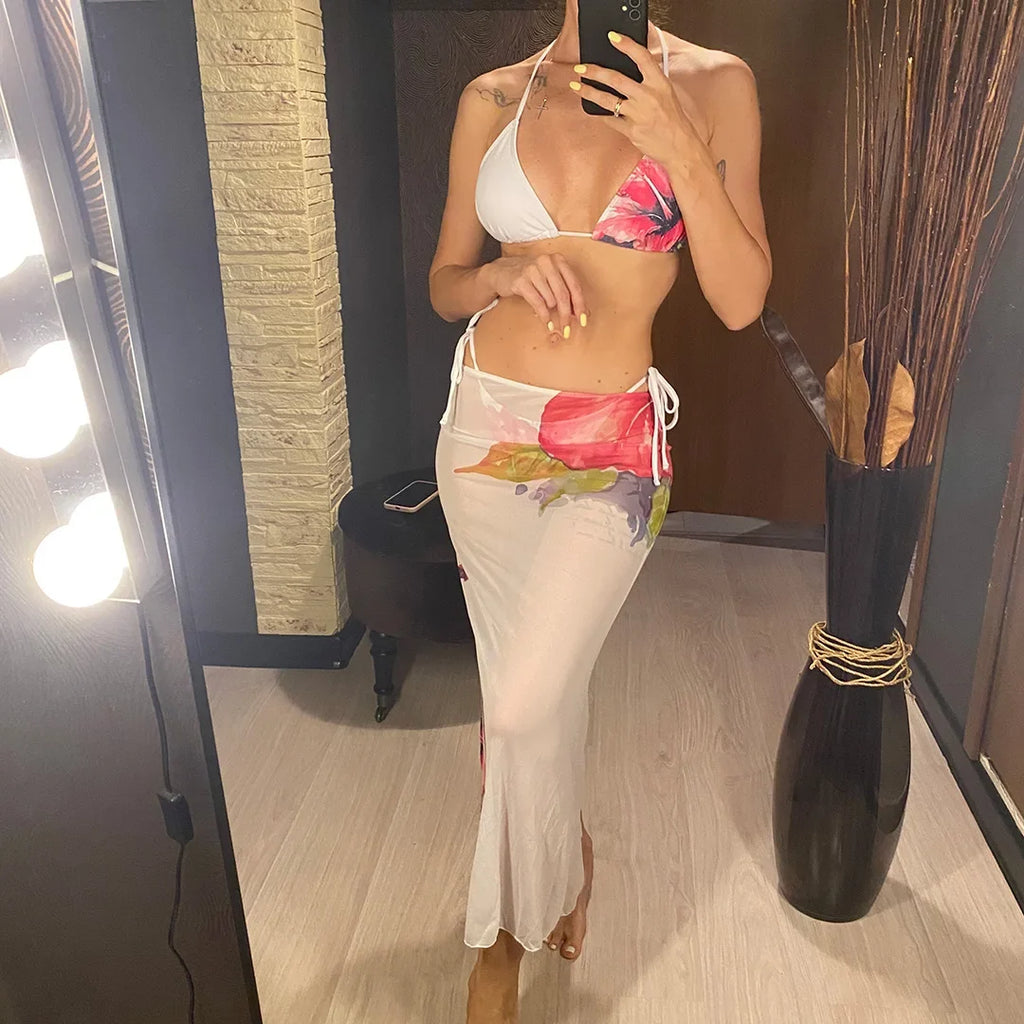10 Color Flowers Halter Bikini Female Swimsuit Women Swimwear Three-pieces Bikini set With Skirt Bather Bathing Suit Swim V6637C
