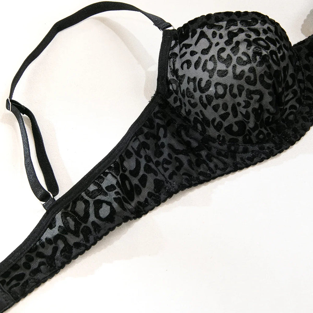Toucheart 5-Piece Suit Sexy Underwear Suit Flocked Leopard Print Fashionable Hollow Sexy Lingerie Women Perspective Underwear