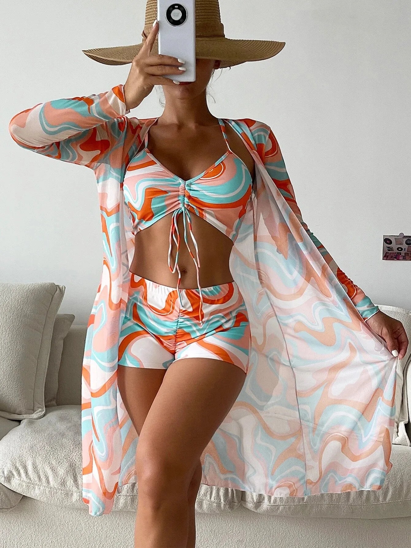 New Sexy 3 Pieces Suit for Women Neck Hanging Bikini Set+Cover-up Swimwear Sunproof Tankini High Waist Shorts Swimsuit Beachwear