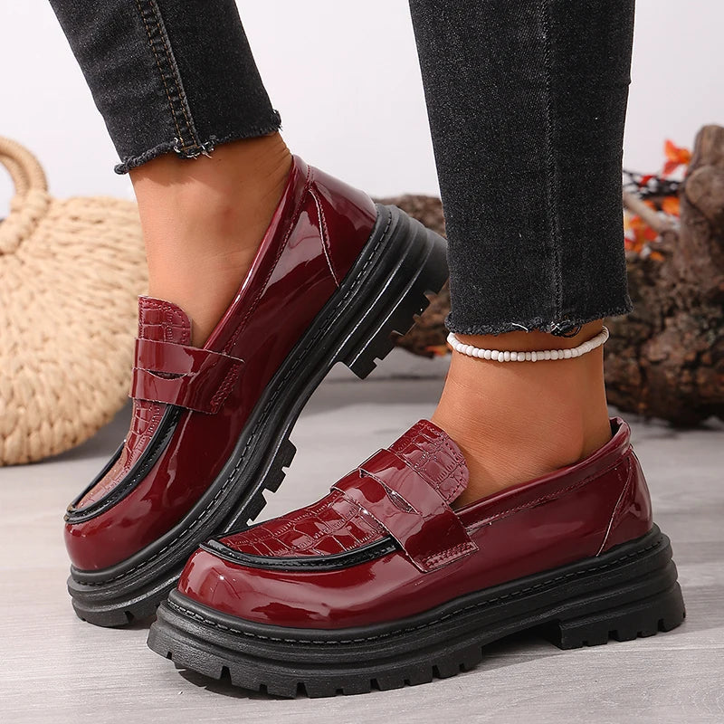 Patent Leather Chunky Platform Loafers Women British Style Plus Size 43 Thick Heel Pumps Woman Slip On Round Toe Oxford Shoes