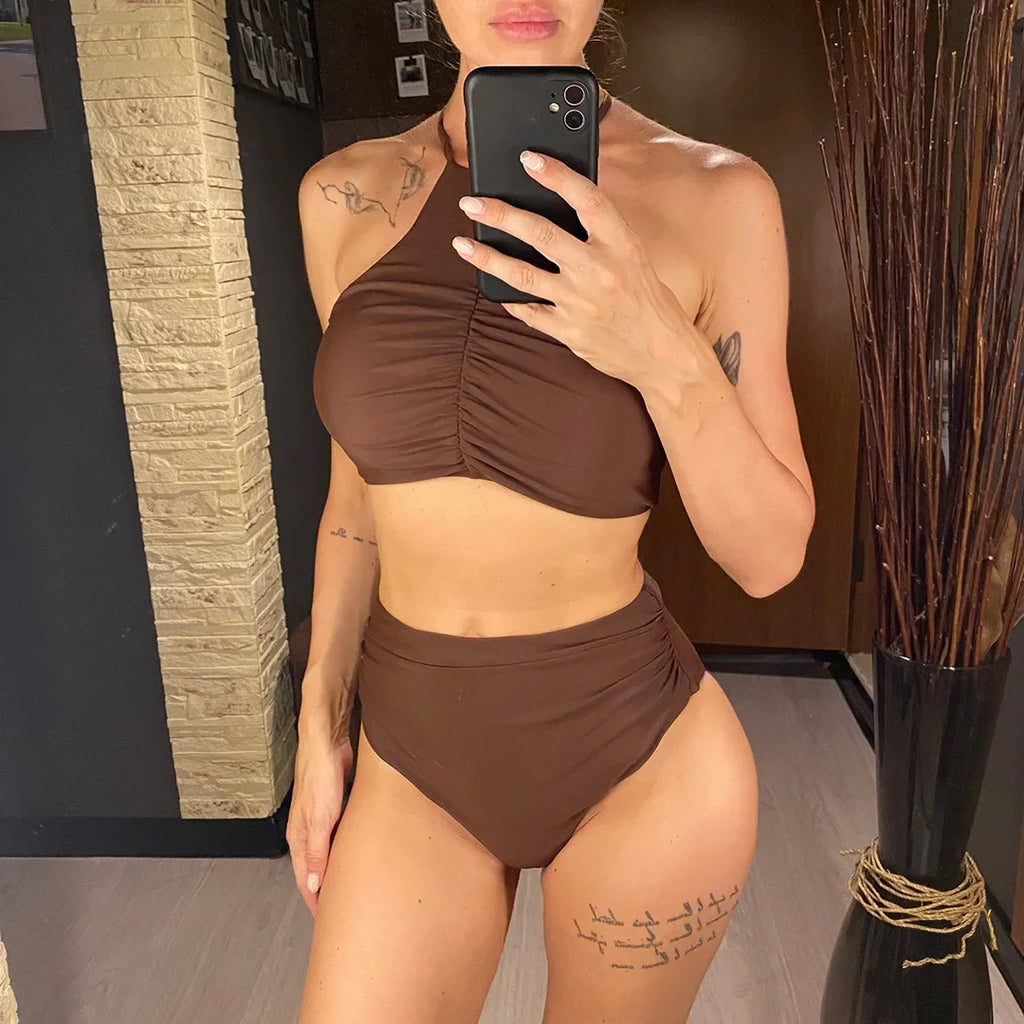 Halter Wrinkled High Neck Female Swimsuit High Waist Bikini Women Swimwear Two-pieces Bikini Set Bather Bathing Suit Swim V5616