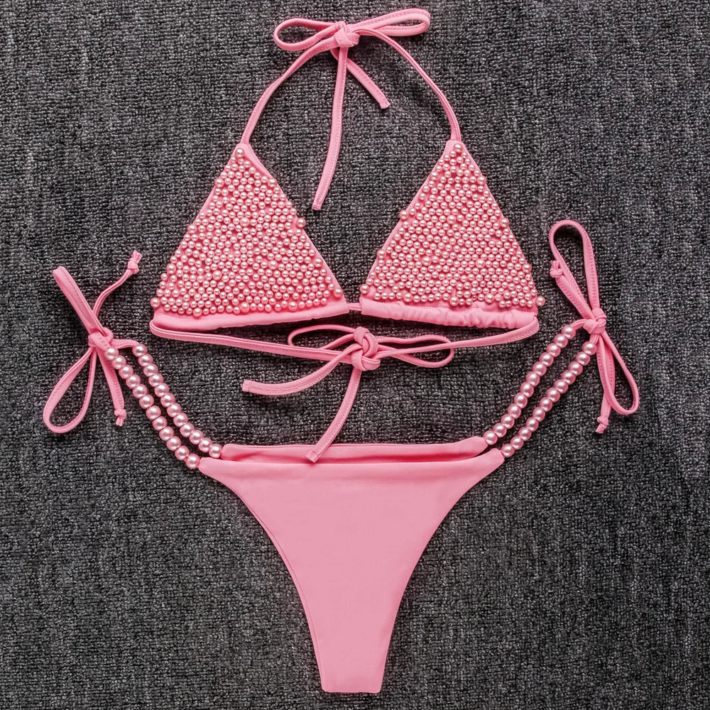 2026 Luxury Pearls Halter Mini Bikini Female Swimsuit Women Swimwear Two-pieces Bikini Set Bather Bathing Suit Swim Beachwear