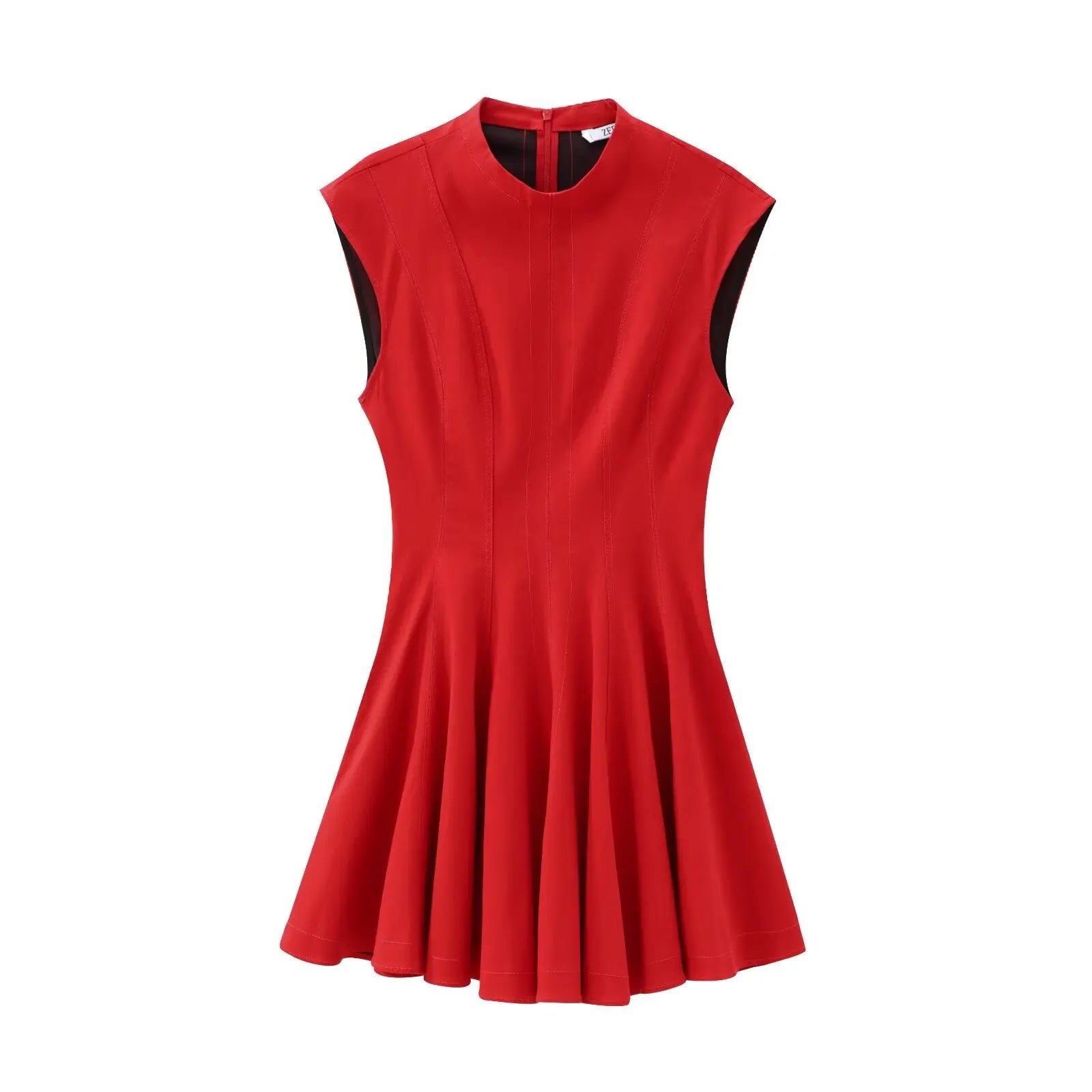 Foridol Stand Collar Sleeveless Pleated Tank Dress for Women Brown Casual Short Autumn Winter Dress Zip Black Ladies Vestidos