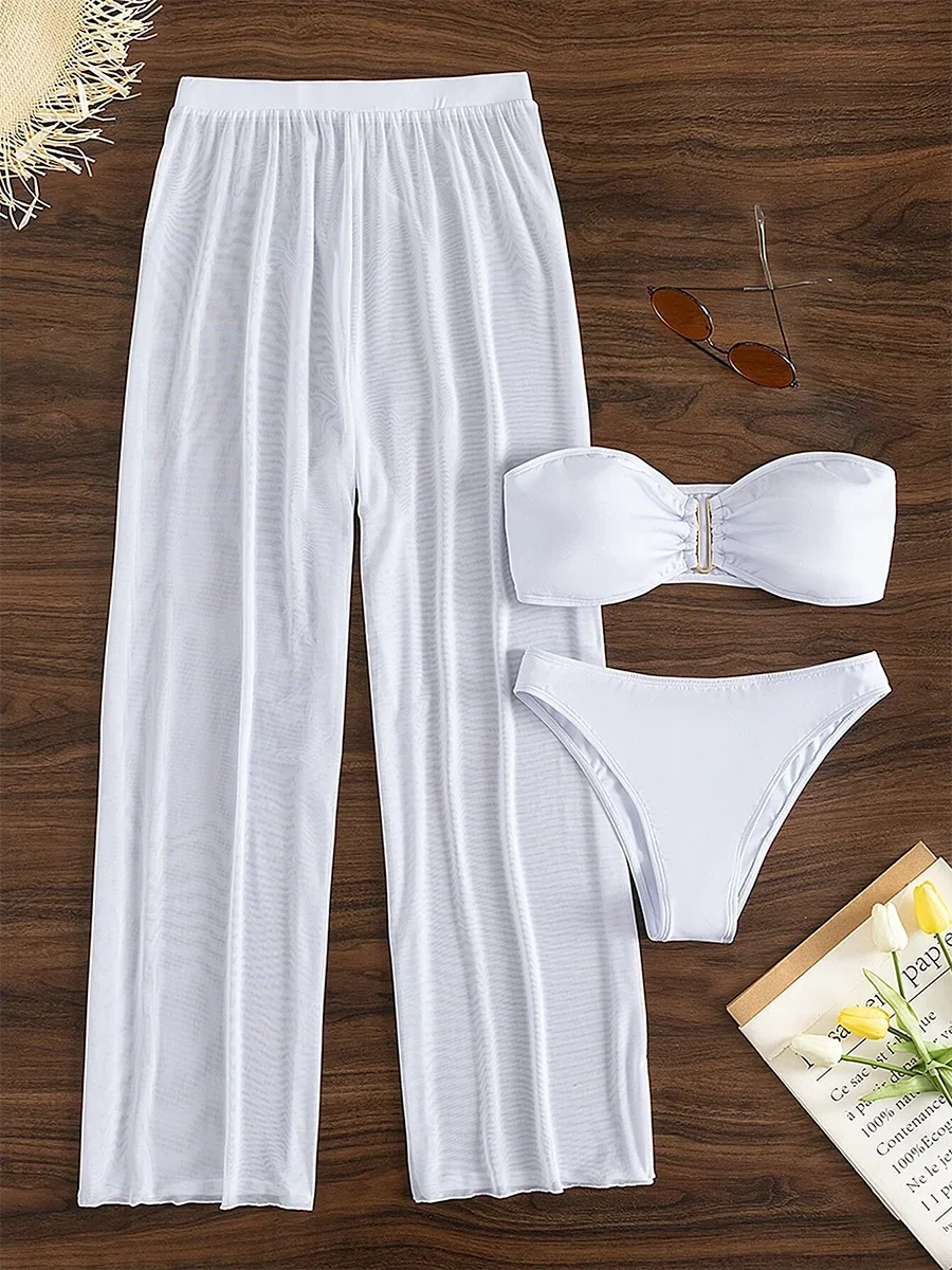 3 Pieces U Wired Bandeau Bikini 2026 Sexy Swimsuit Women & Beach Pants Swimwear Female Beachwear Bathers Bathing Swimming Suit
