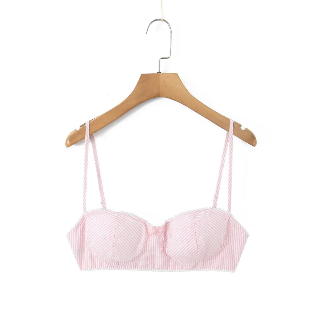 Striped Bra For Women Straps Lace Trim Sweetheart Neckline Lightly Padded Cups Cotton Fabric For Stylish Style Girl Elegant 4UU5