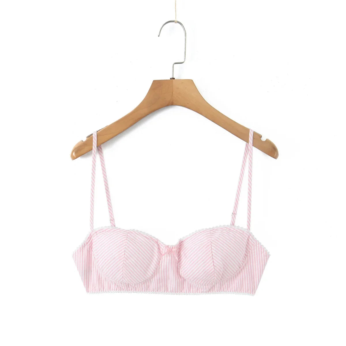 Striped Bra For Women Straps Lace Trim Sweetheart Neckline Lightly Padded Cups Cotton Fabric For Stylish Style Girl Elegant 4UU5