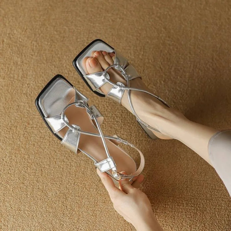 Summer New Model Fashion Middle Heeled Women's Sandals Black Buckle Open-toe Comfortable Hollow-out Women's Shoes High 3.5cm