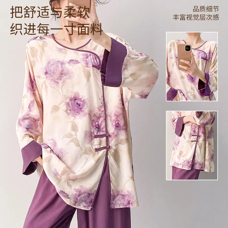 Plus size mother's cotton silk pajamas spring and summer new Chinese style can be worn outside home clothes Mother's Day gift