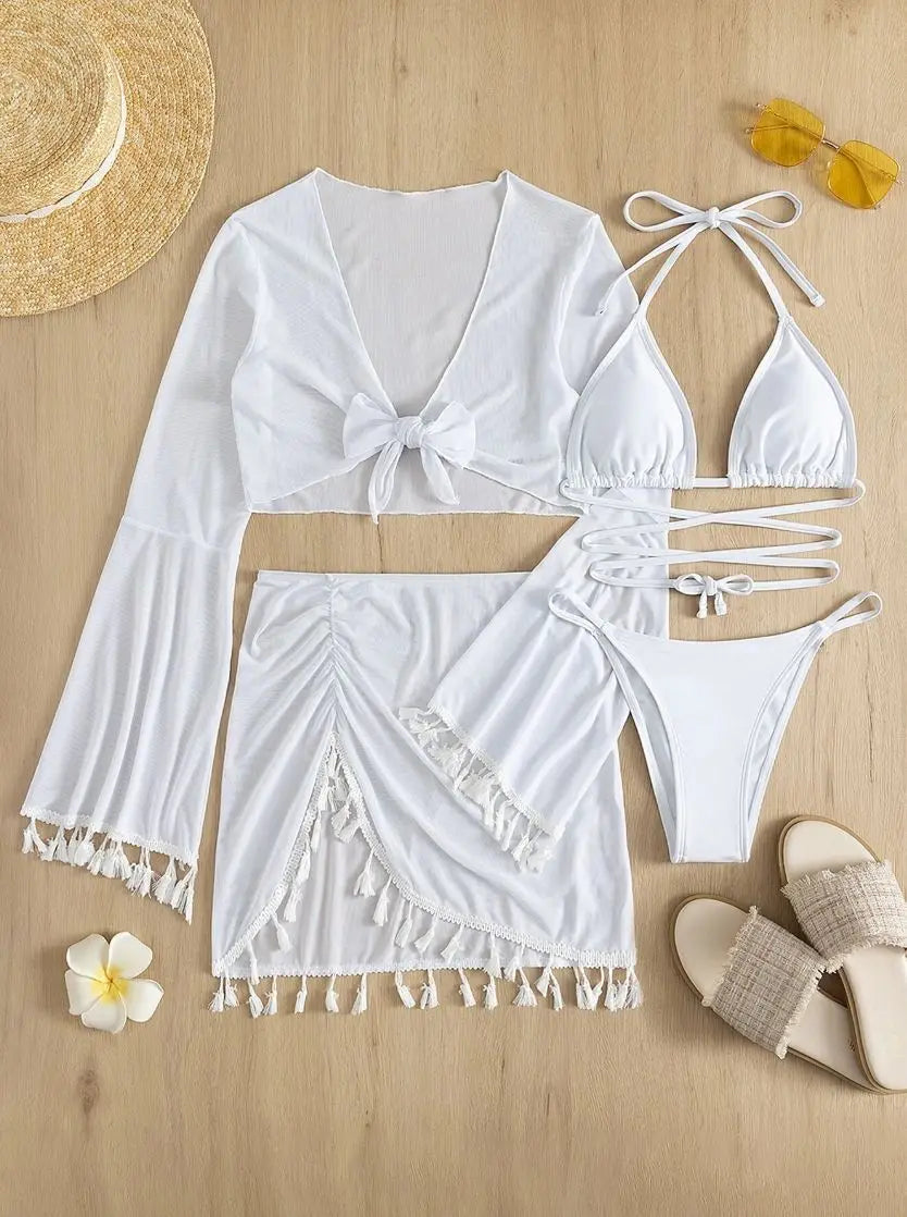 sexy 4pcs boho tassels trim bikinis sets ladies padded bikini set +cover up tops skirts beachwear bathing suit biquini monokini