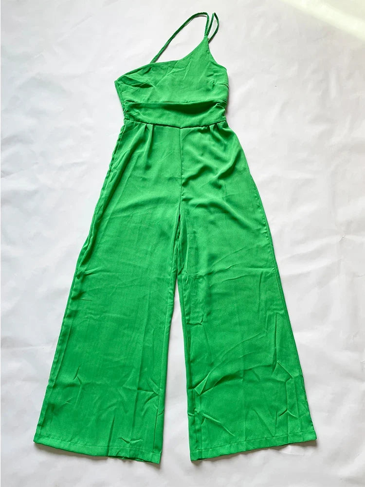 Foridol Waist Folds Backless Double Strap Casual Wide Leg Jumpsuit Long Pants Green 2025 New Female Loose  Jumpsuit