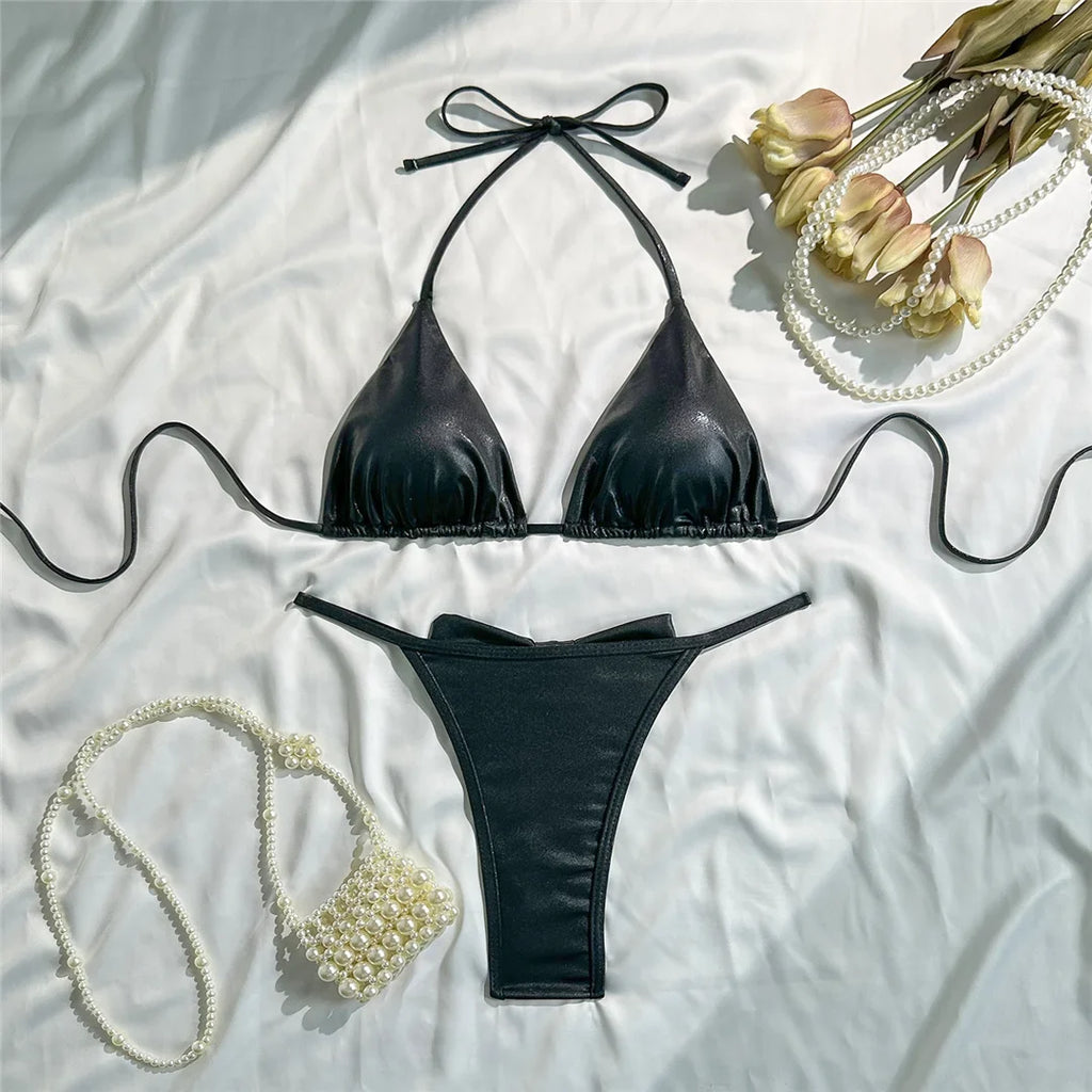 Glitter Sparkling Bow Halter Bikini Female Swimsuit Women Swimwear Two-Pieces Bikini Set Padded Bather Bathing Suit Swim V7567
