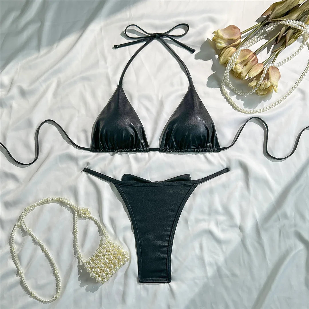Glitter Sparkling Bow Halter Bikini Female Swimsuit Women Swimwear Two-Pieces Bikini Set Padded Bather Bathing Suit Swim V7567